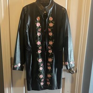 Black Leather Jacket with Pink Floral Embroidery